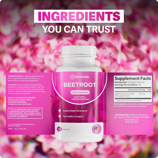 Rosabella Organic Beetroot – 1300mg Beet Root Supplement, 60 Capsules