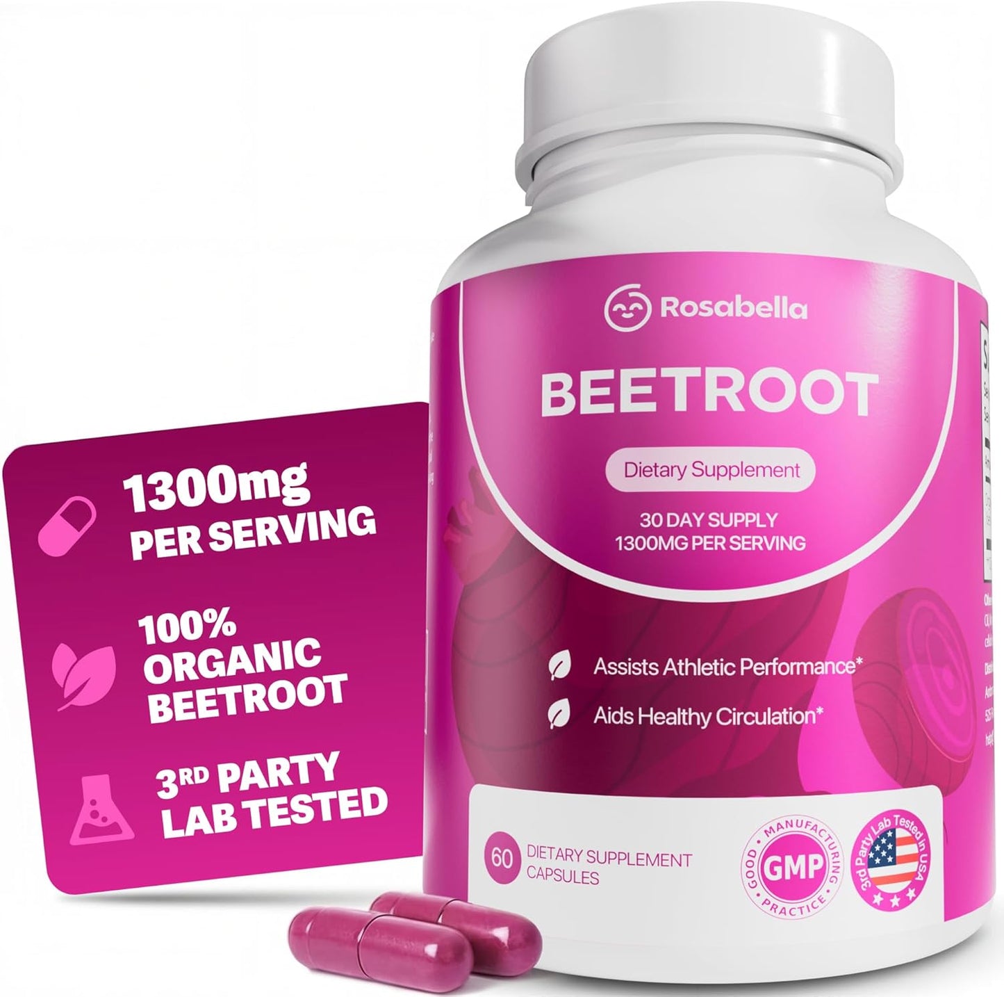 Rosabella Organic Beetroot – 1300mg Beet Root Supplement, 60 Capsules