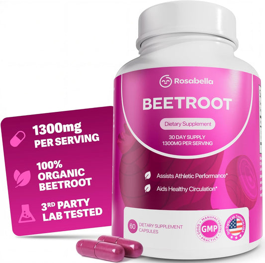 Rosabella Organic Beetroot – 1300mg Beet Root Supplement, 60 Capsules