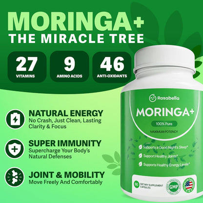 Rosabella Moringa+ – Daily Moringa Leaf Supplement, 60 Capsules