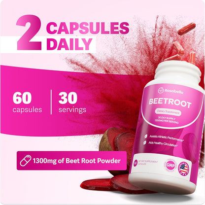 Rosabella Organic Beetroot – 1300mg Beet Root Supplement, 60 Capsules