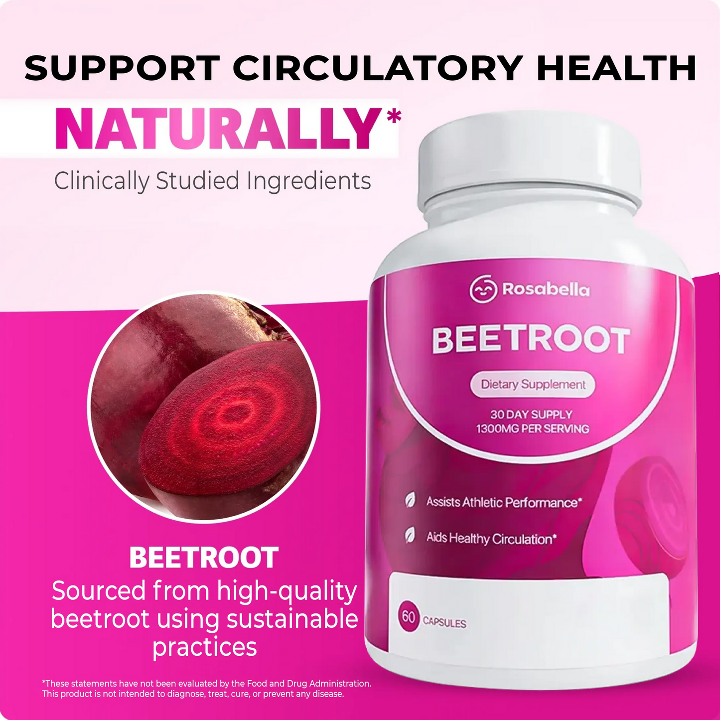 Rosabella Organic Beetroot – 1300mg Beet Root Supplement, 60 Capsules