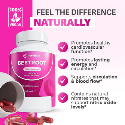 Rosabella Organic Beetroot – 1300mg Beet Root Supplement, 60 Capsules